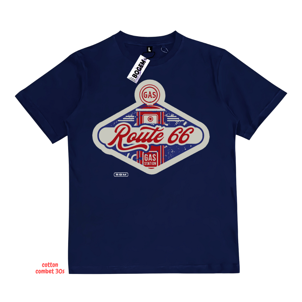 Bgm.co T-shirt Pria Distro Motif Route 66 Warna Navy Katun Combed 30s
