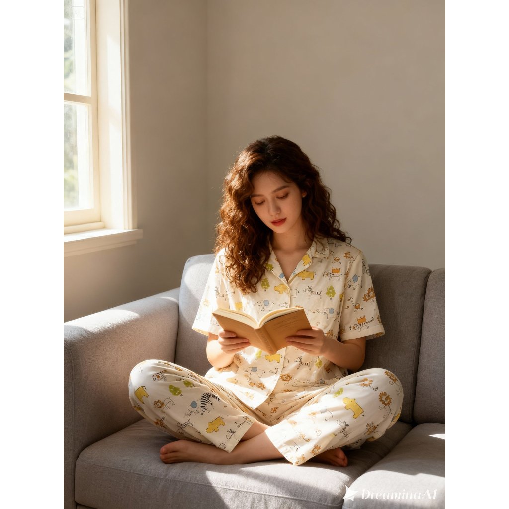 Cute Safari Cream Piyama Baju Tidur Set Wanita