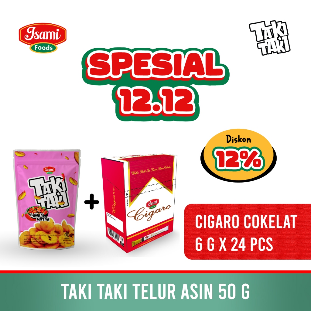 Paket Cemilan Murah (Taki Taki Sambal Matah 50 gr x 3 pcs + Cigaro Wafer Roll Isi Krim Cokelat 6 gr 