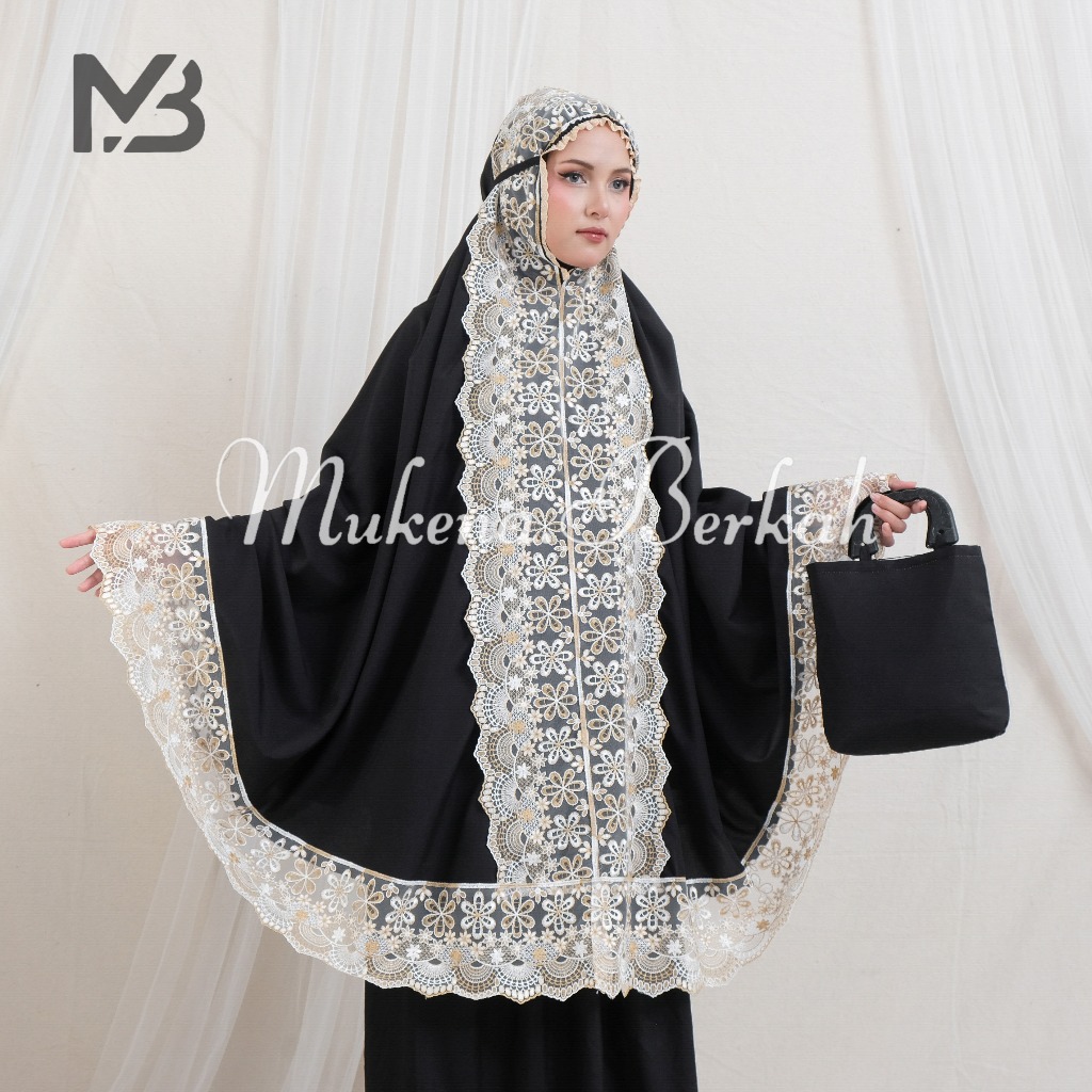 Mukena Nameera Princes Katun Hitam Renda Mewah Full Set