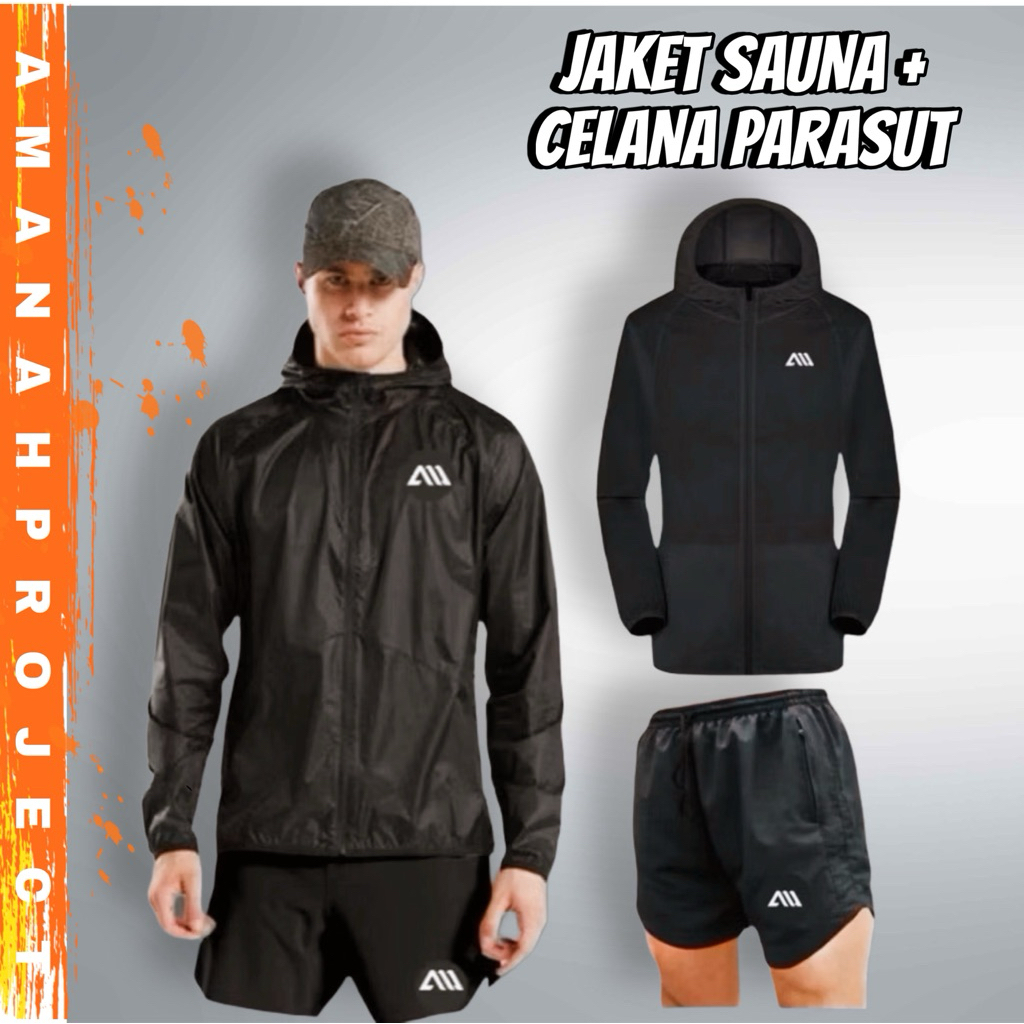 2 in 1 Setelan Olahraga Running Jaket Sauna Jaket Parasut + Celana Pendek Parasut Running