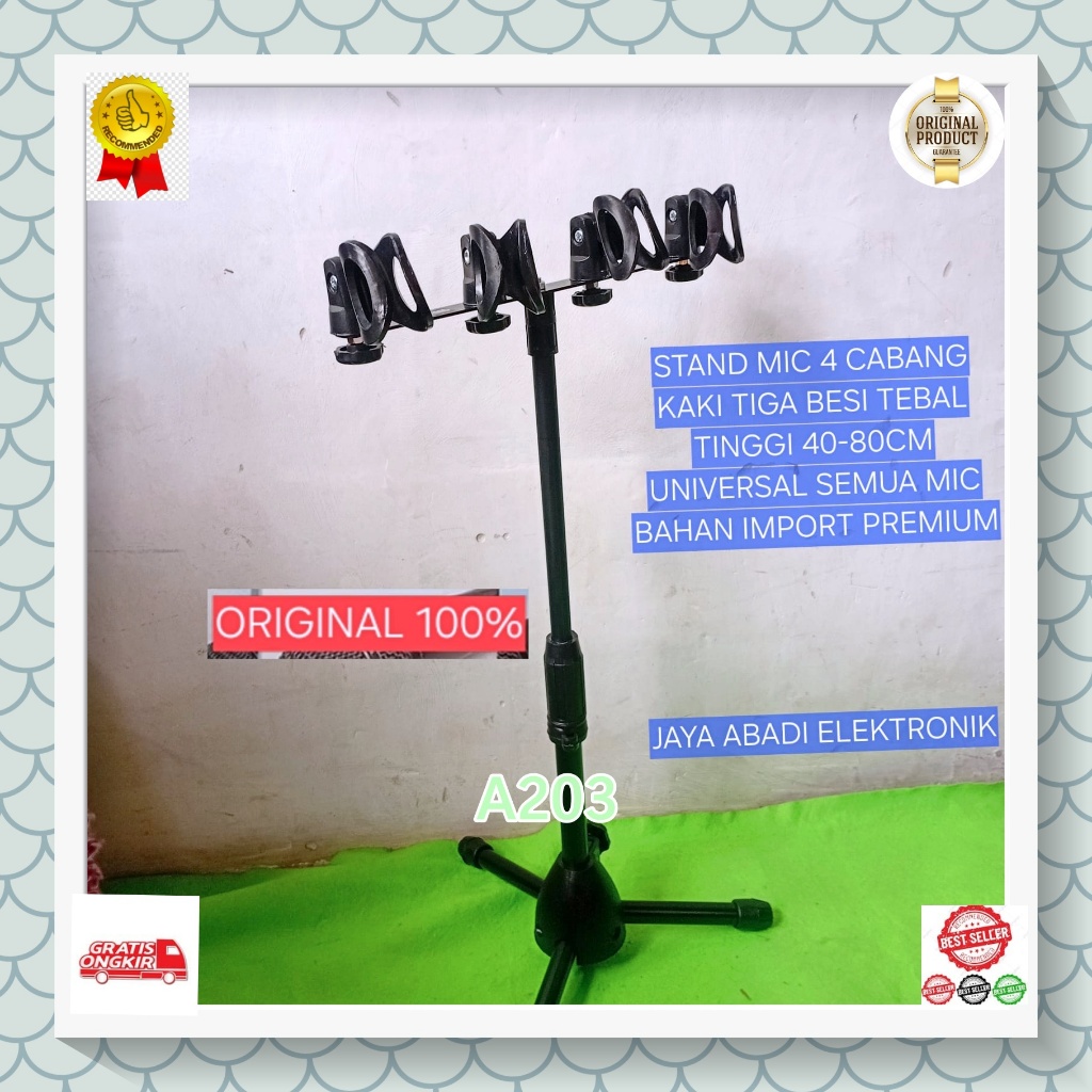 A203 DUDUKAN MIKROFON UNIVERSAL STAND MIC 4 CABANG 4IN1 KAKI TIGA BESI TEBAL H76 TINGGI 40 80 CM  UN