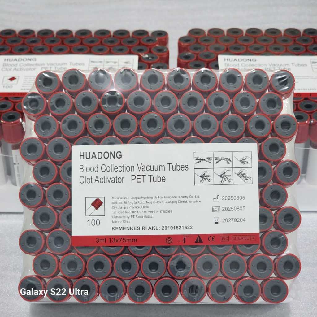 BLOOD COLLECTION VACUUM TUBES CLOT ACTIVATOR PET HUADONG ISI 100 PCS / TABUNG PLAIN / TABUNG PLAIN B