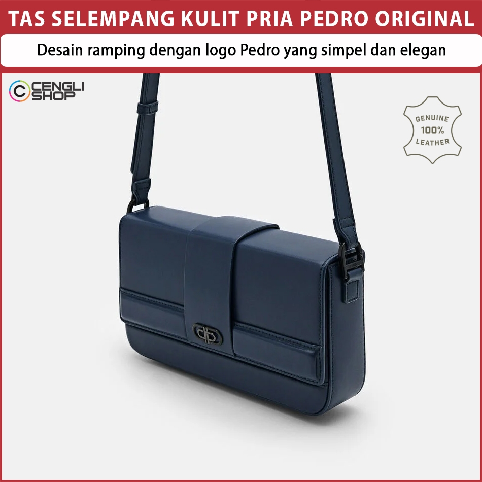 TAS SELEMPANG KULIT PRIA PEDRO ORIGINAL SLING BAG BRANDED POLOS DENGAN LOGO PEDRO SIMPEL ELEGAN BIRU