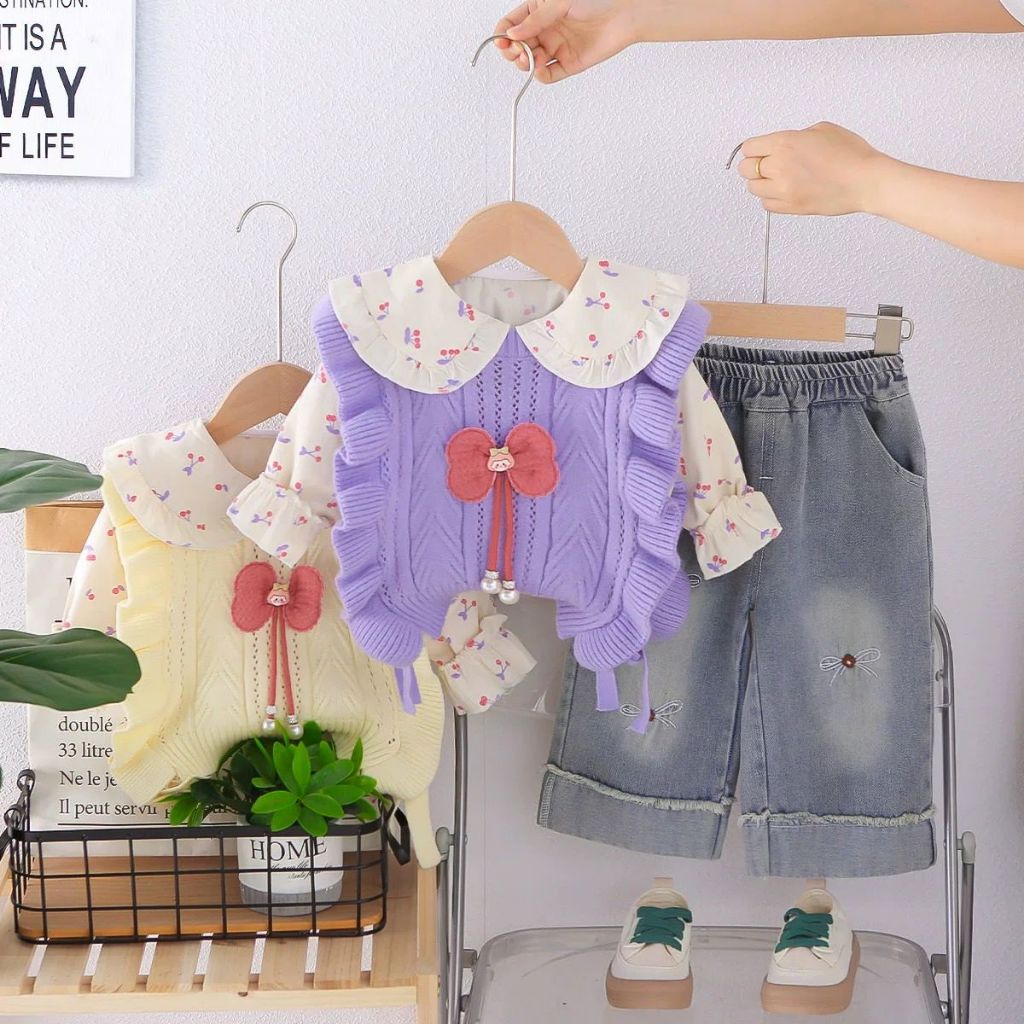 Setelan Jeans Import Premium Anak Perempuan Usia 1-4 Tahun | Baju Inner Katun Flower Lengan Panjang 