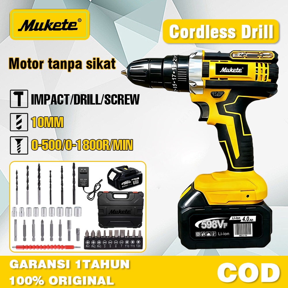 Mukete 1800R/menit Mesin bor baterai 598V mesin bor cordless drill bor tanpa kabel