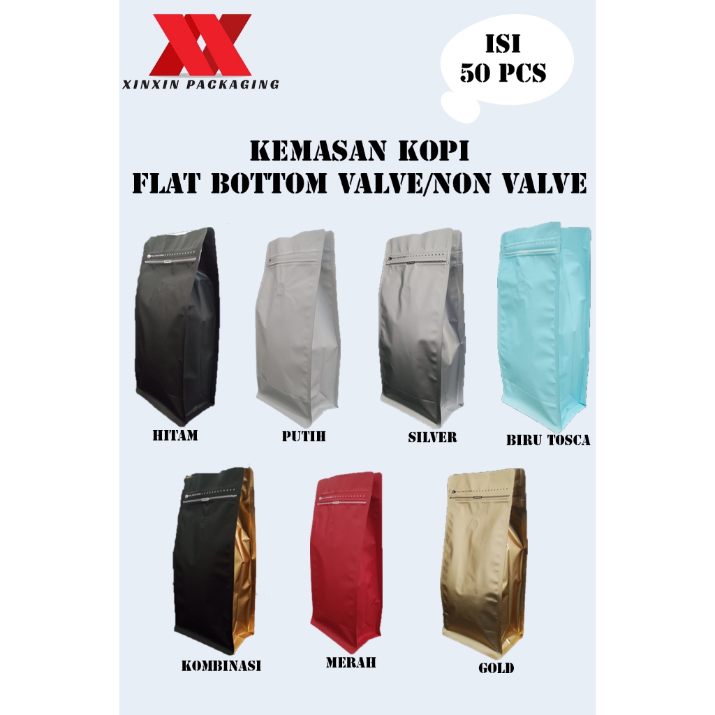 50 pcs Kemasan Kopi Kemasan Biji Kopi Standing Pouch Flat Bottom VALVE Coffee Kemasan Kopi PREMIUM
