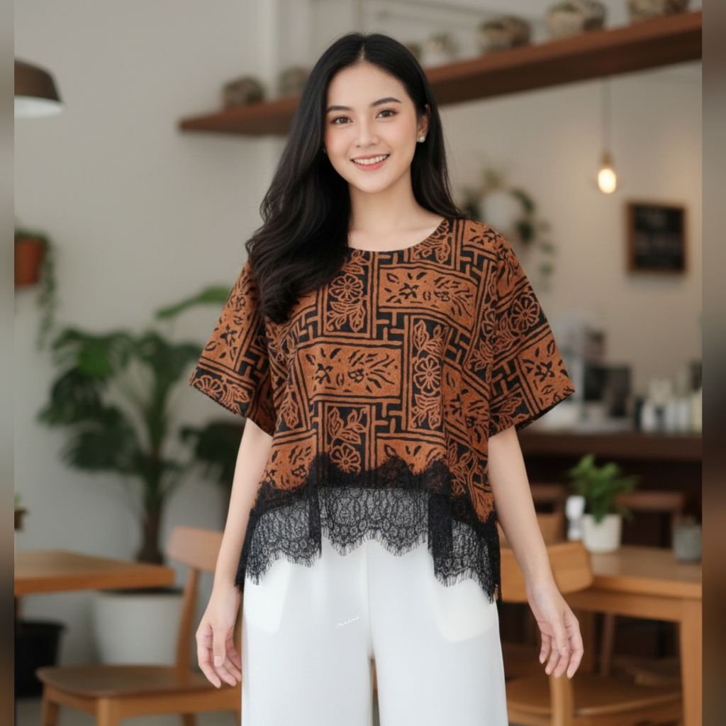 batik model lowo Blouse Batik Wanita Lengan Lebar Model Kelelawar Bahan Katun Halus Motif Lowo denga