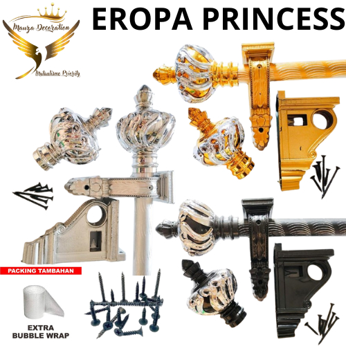 WARNA GOLD-SILVER-HITAM  MODEL EROPA-PRINCESS Batang Besi Tiang Gorden Full Set Tutup Mahkota PRINCE