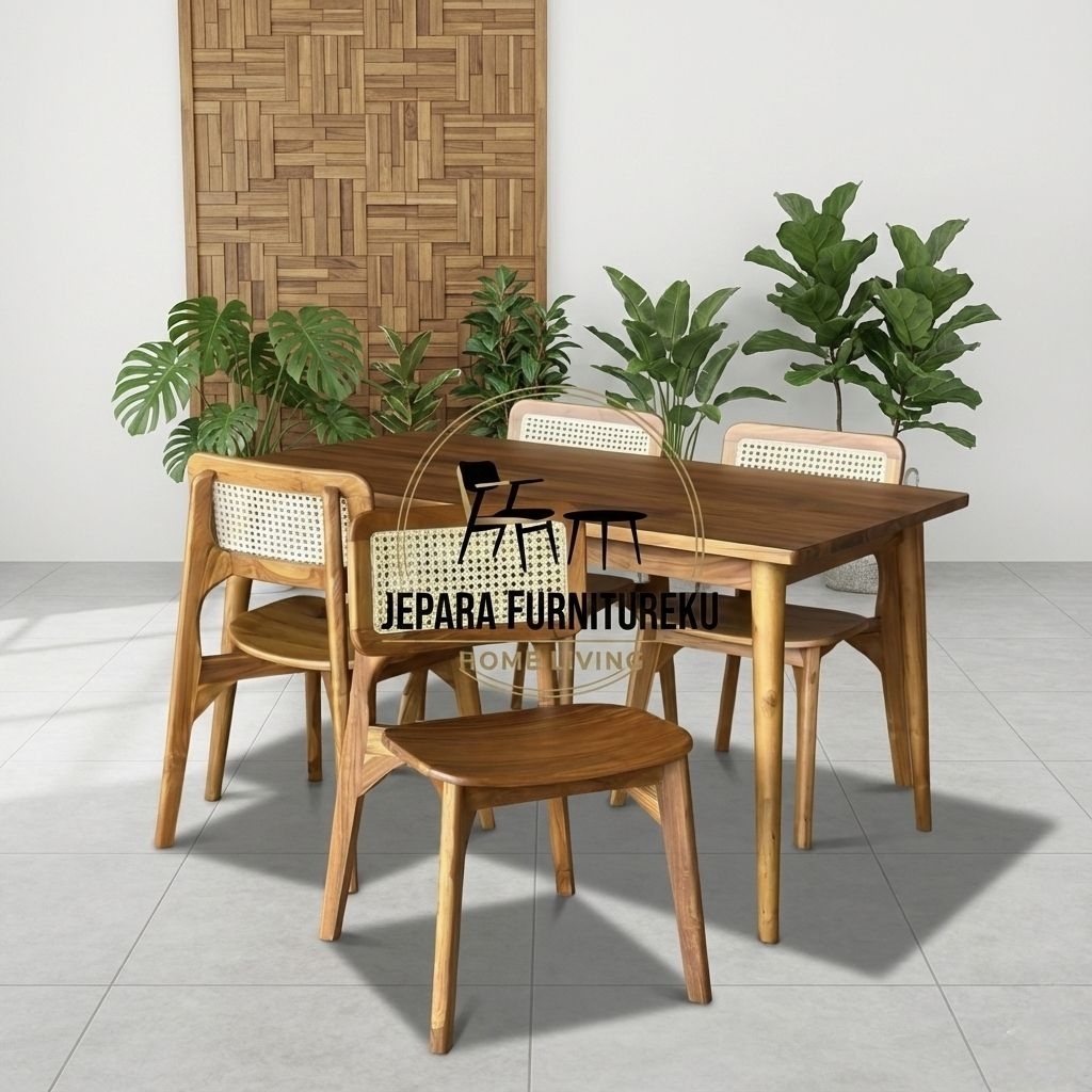 Set meja makan jati minimalis retro rotan / kursi cafe kacang kotak / meja makan jati jepara