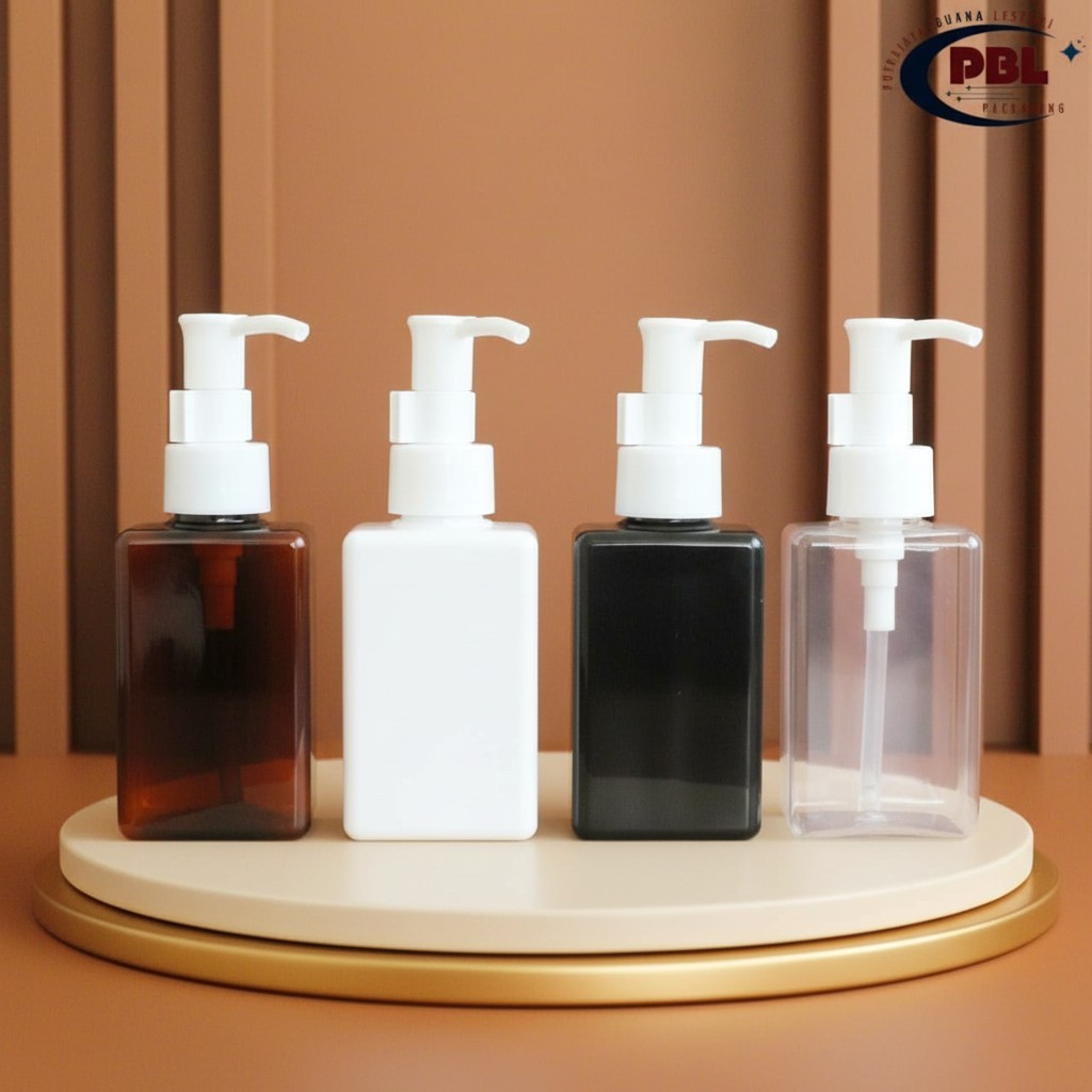 Botol Pump 100ml Kotak Varian Warna - Tutup Pump Clip Oil  Smooth Neck 24 Putih / Botol Plastik PET 