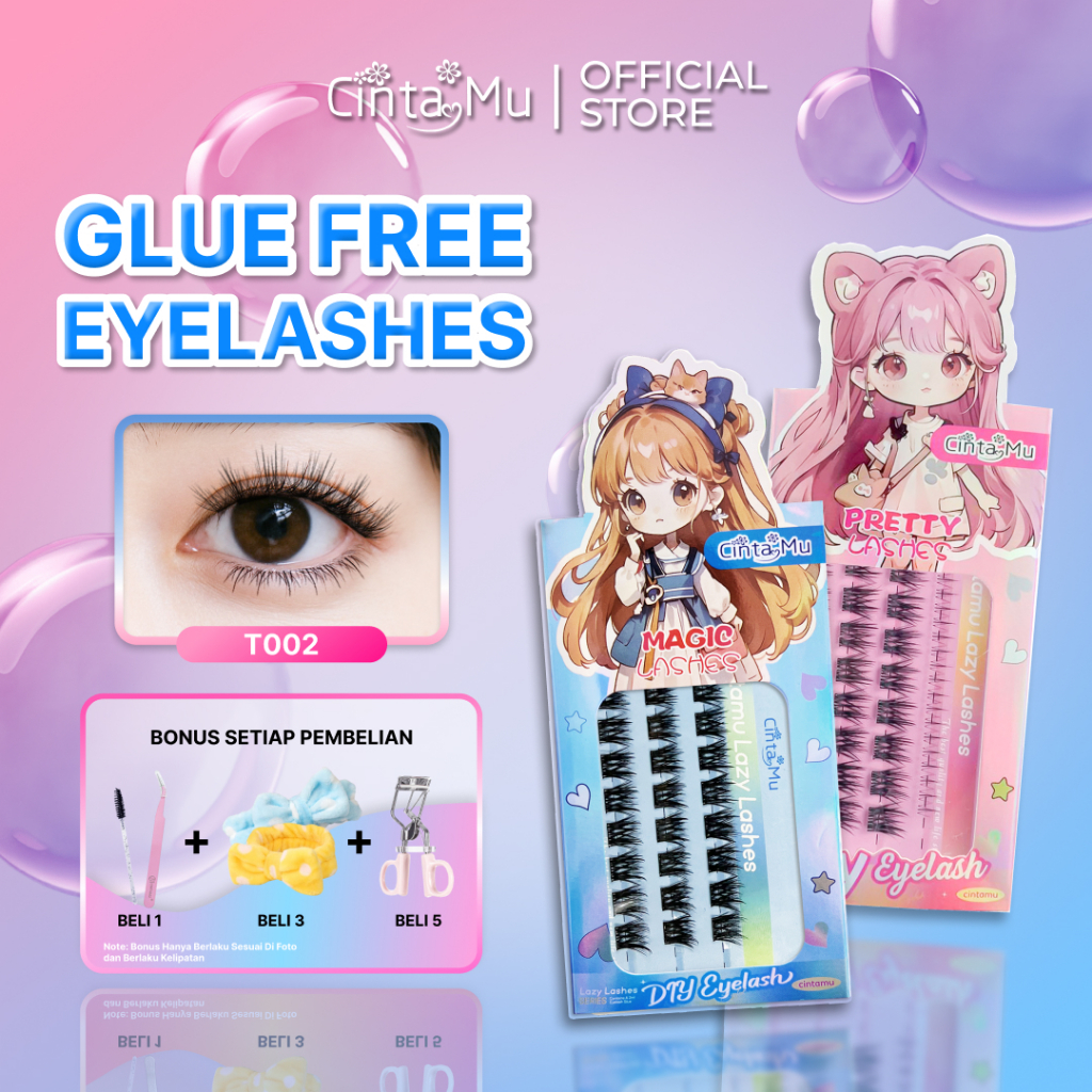 TANPA LEM T002 Bulu Mata Palsu Ekstensi FREE PINSET DAN BRUSH Natural Eyelash Lentik Panjang Simpel 