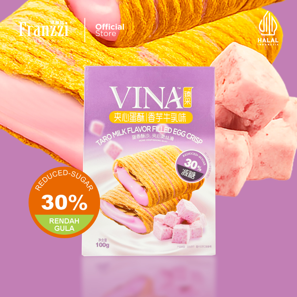 Franzzi Vina Filled Egg Crisp Roll Less Sugar 100g - Snack Wafer Rasa Taro Milk / Coconut Latte / Sa