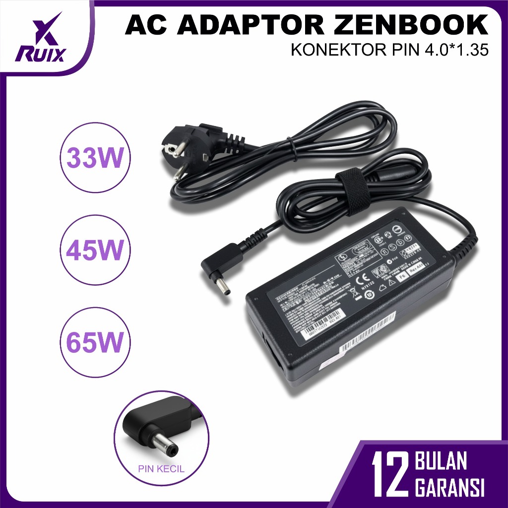 RUIX Adaptor Charger Laptop ASUS 4 Tipe Pin (4.0x1.35mm / 4.5x3.0mm / 5.5x2.5mm / Type-C) FREE Kabel