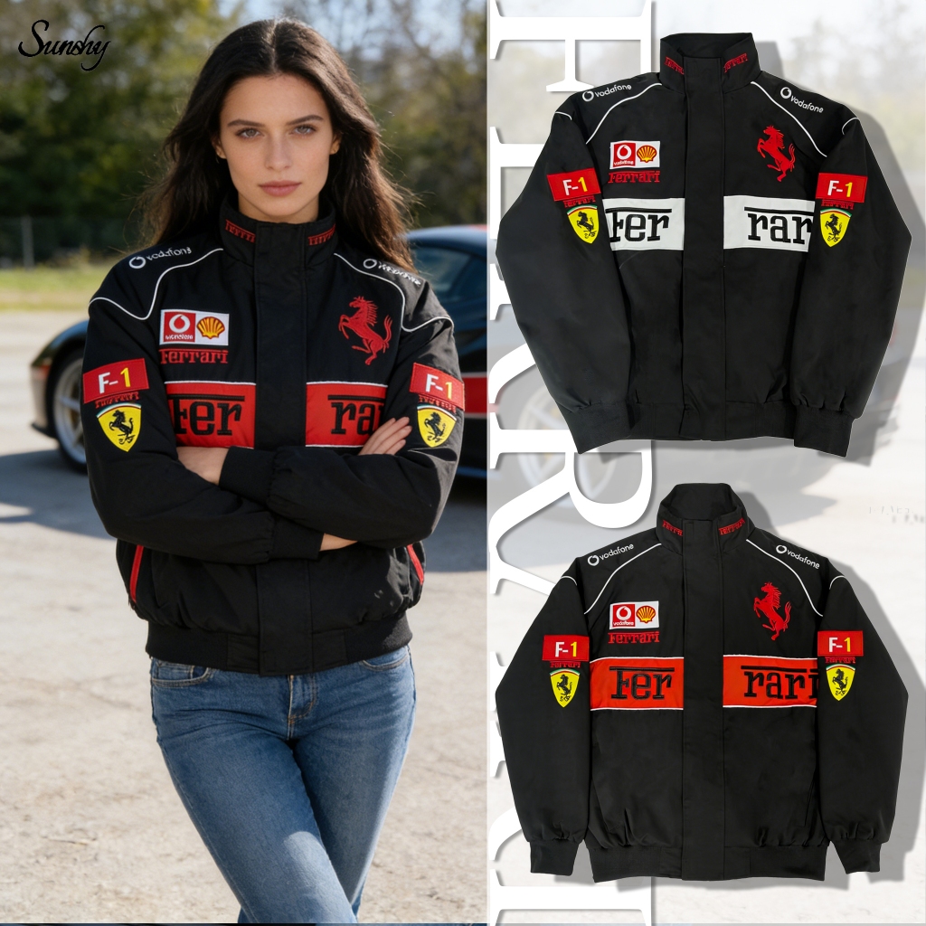 SUNSHY Ferrari F1 Jaket Parasut Pria Long Sleeve Bordir Vintage Racing Blazer Loose Cozy Hitam Casua