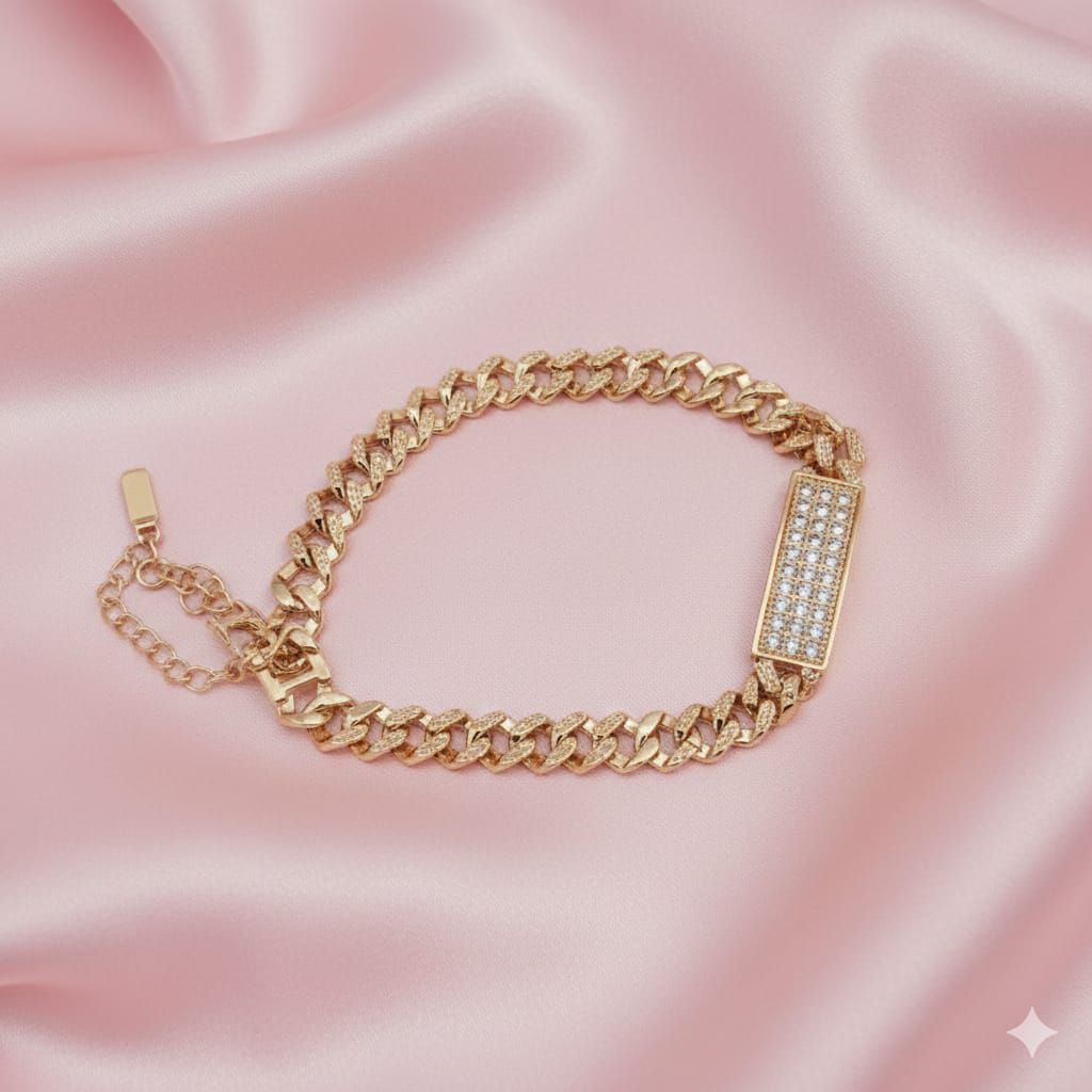 gelang titanium motif permata kotak rantai lapis emas