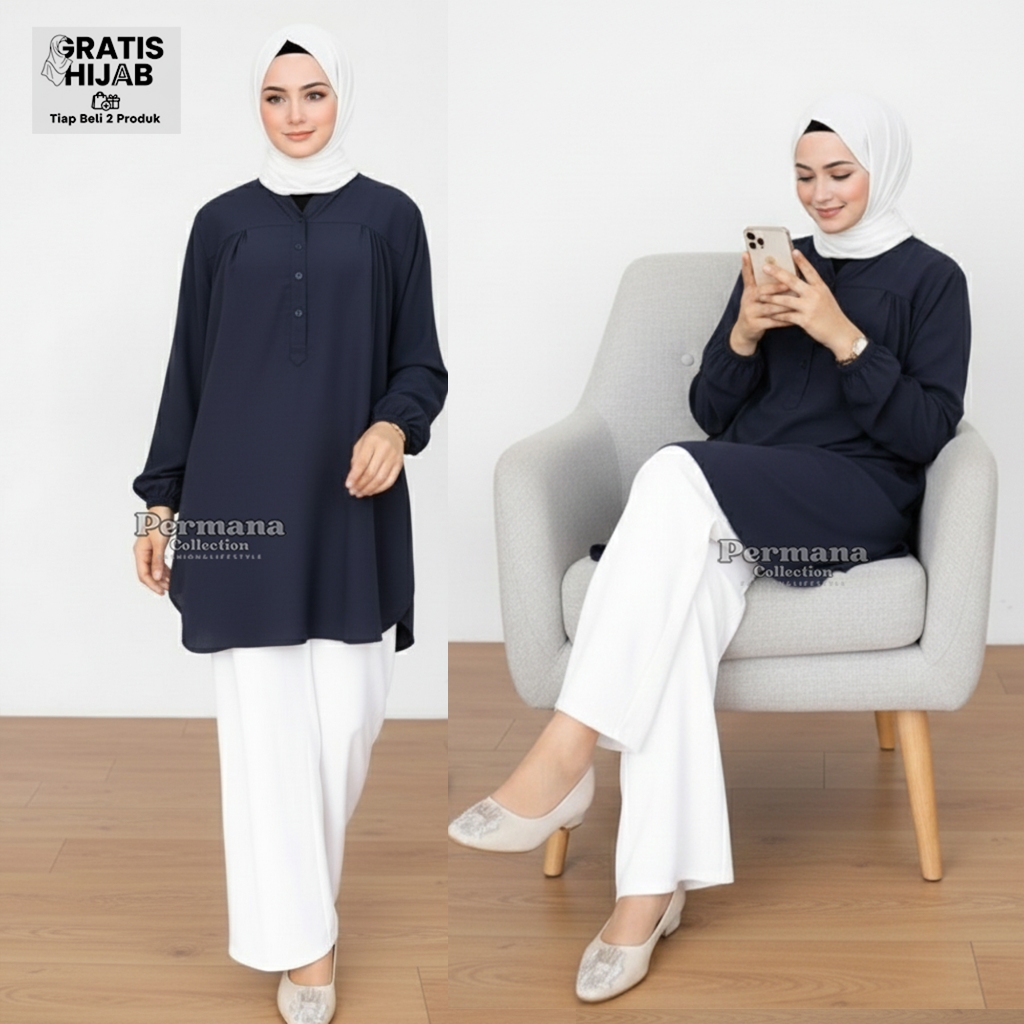 Baju Atasan Blouse Wanita Lengan Panjang Warna Dongker Tua Jumbo Dewasa