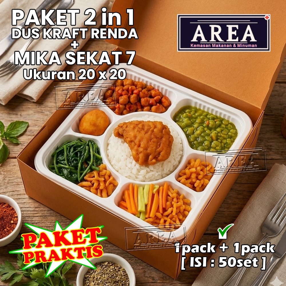 [PAKET 2 in 1 50set] Dus Nasi Mika Sekat 7 Ukuran 20 x 20/R10 Kemasan Katering/Takeaway Makanan