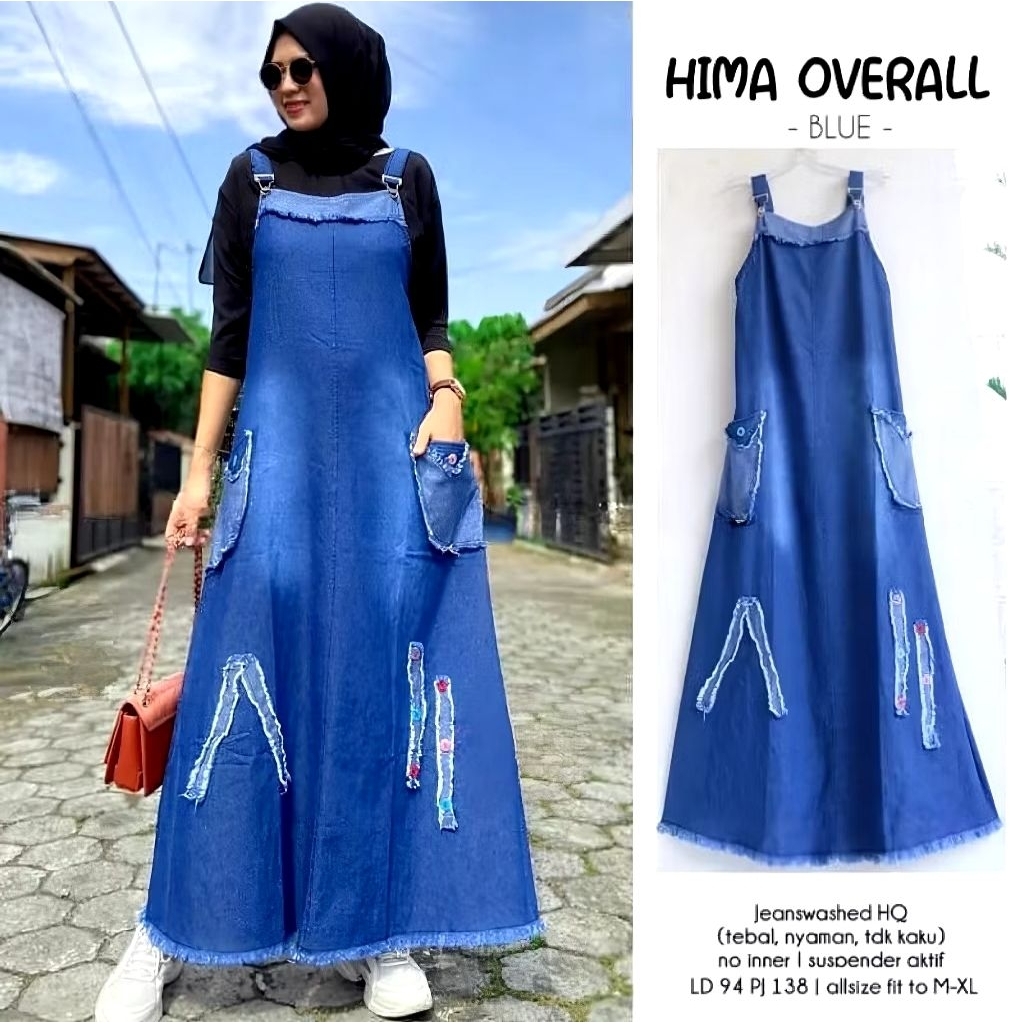 Overall jeans saku depan wanita hima baju kodok gamis hamil oversize