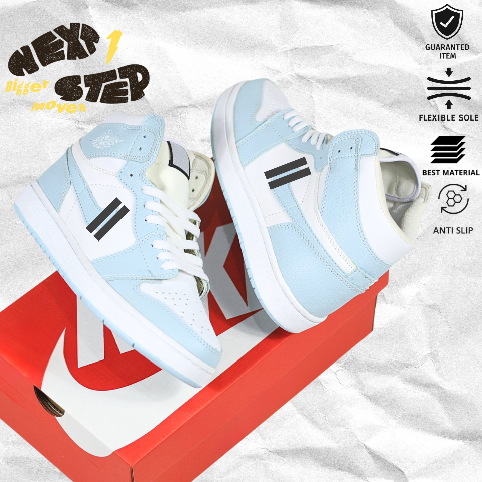 Kulit Wanita JRDN Sepatu Sneakers Kulit Wanita Pria High Top Warna Biru Es Nyaman Unisex Sepatu Snea