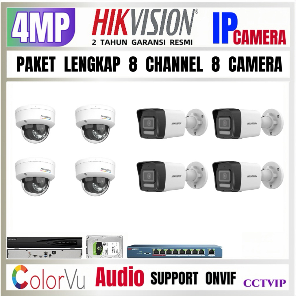 PAKET CCTV HIKVISION IP CAMERA 4MP COLORVU AUDIO 8 CHANNEL 8 CAMERA IP PoE