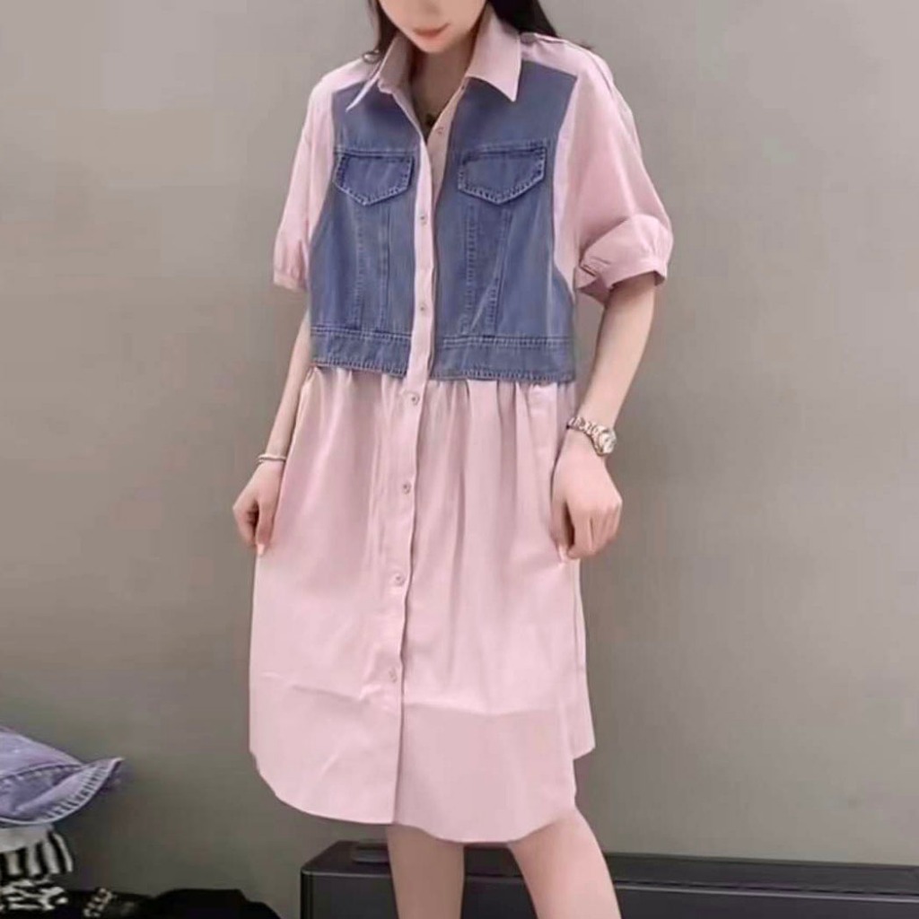 DRESS KEMEJA MINI KATUN POPLIN PINK DEPAN PANEL VEST SOFT JEANS KOREA IMPORT