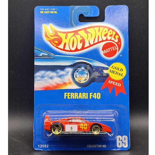 1991 Hot Wheels - Red Ferrari F40 - 3 Spoke - Gold Medal Speed - Balap - #6
