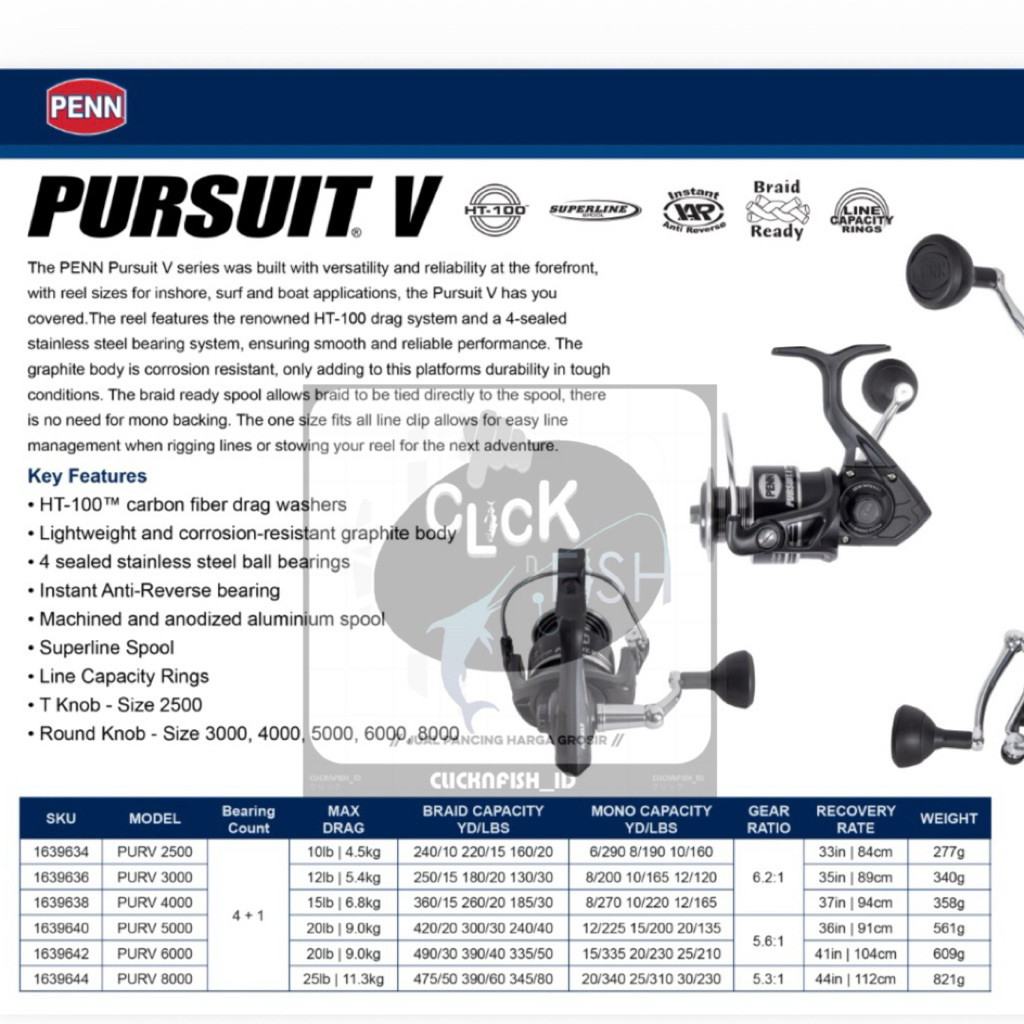 Penn PURSUIT V Spinning Reel - Gulungan Pancing Kolam Casting Jigging SW Kuat Terbaik