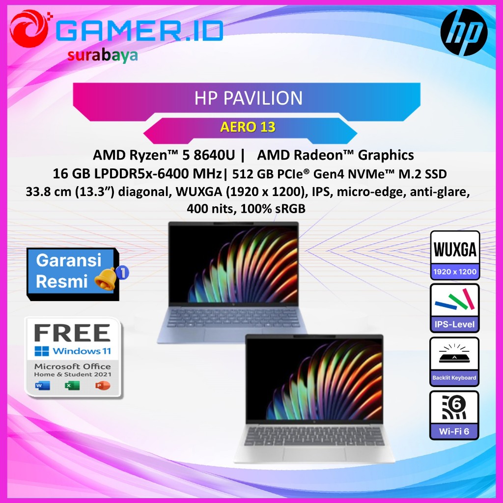 LAPTOP HP PAVILION AERO 13 RYZEN 5 8640 16GB 512GB 13.3WUXGA IPS