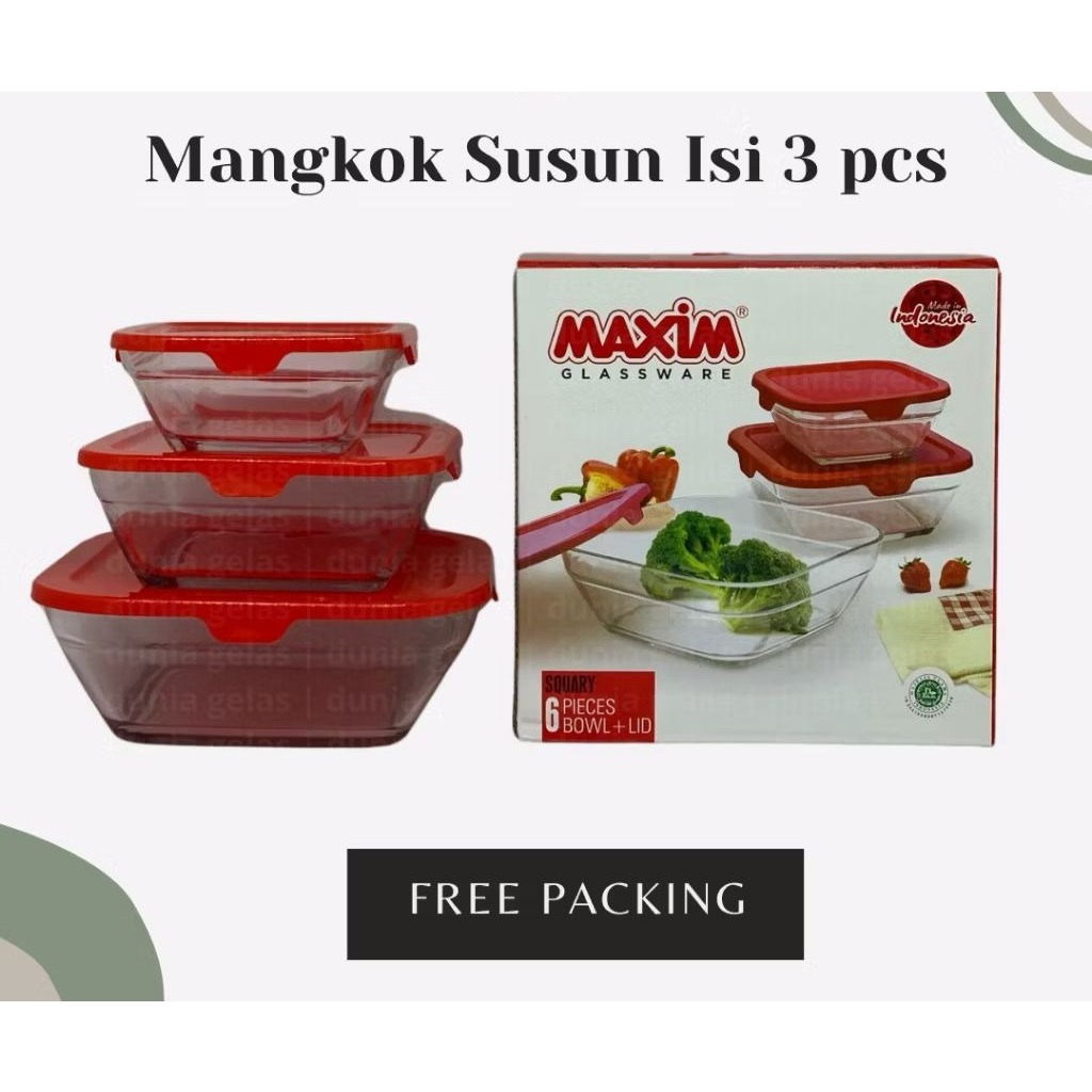 Mangkok Kotak Susun Tiga / Mangkok Beranak Maxim / Set Mangkok dengan Tutup SMP-MK89