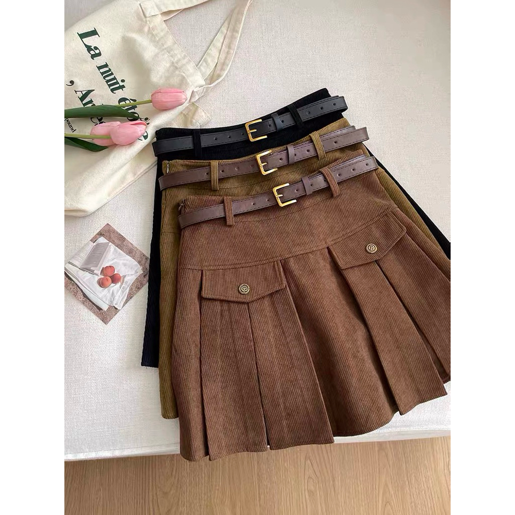 Sora Pleated Mini Skirt Codoray + FREE BELT Model Wanita Cewek Korea Rok Rempel Remple Corduroy Teba