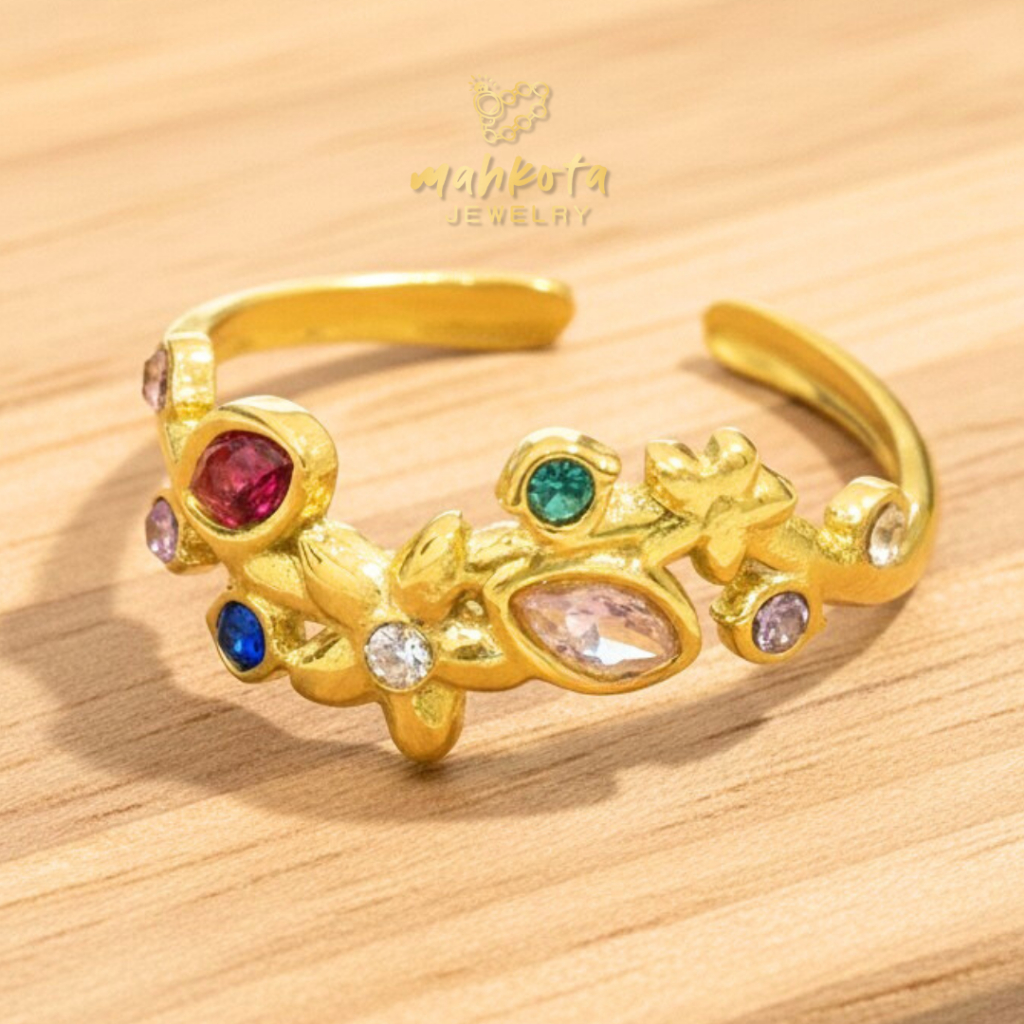 C180 Cincin All Size Titanium Wanita Korean 6X 18K Gold Plated • Cincin Permata • Anti Karat Anti Lu