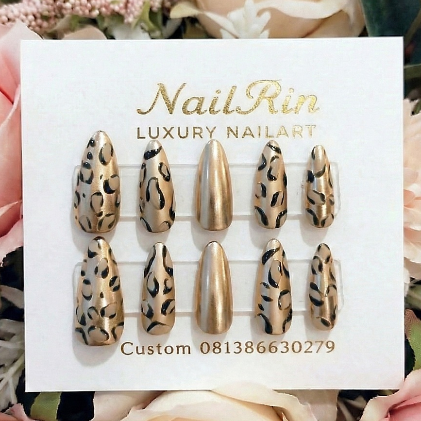 Kuku Palsu Handmade Leopard Gold Metallic | Press On Nails Mewah | Nail Art Macan Elegan