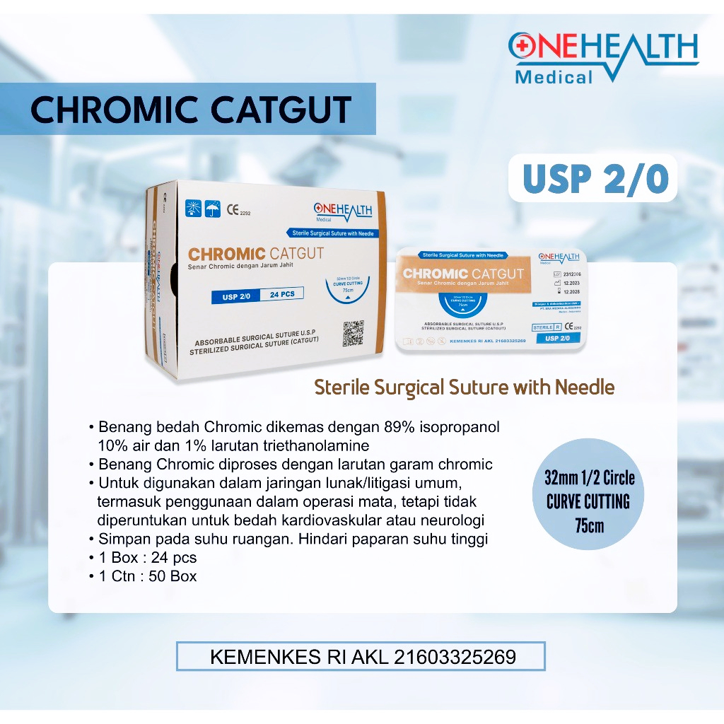 ONEHEALTH CHROMIC CATGUT 2/0 with needle 24pcs/box / Benang Bedah Chromic + Jarum