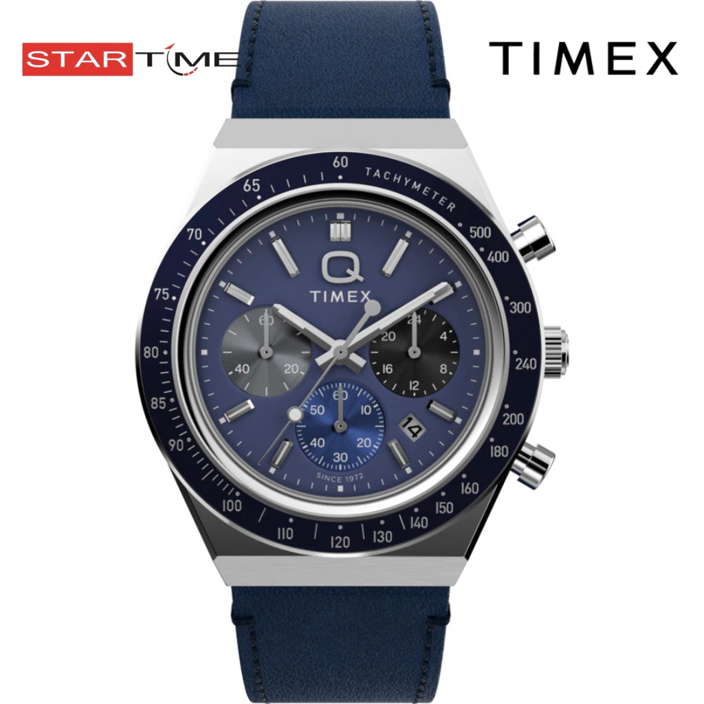 Jam Tangan Pria Timex TW2Y36100V5 Q Diver Inspired Chronograph Blue Dial Blue Leather Strap