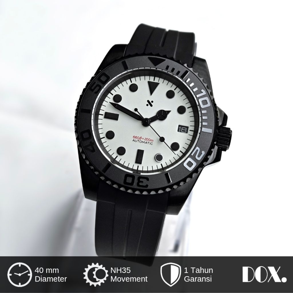 Jam Tangan Namoki Divemaster White NH35 Automatic Casing Full Black Strap Rubber Kaca Sapphire Seiko