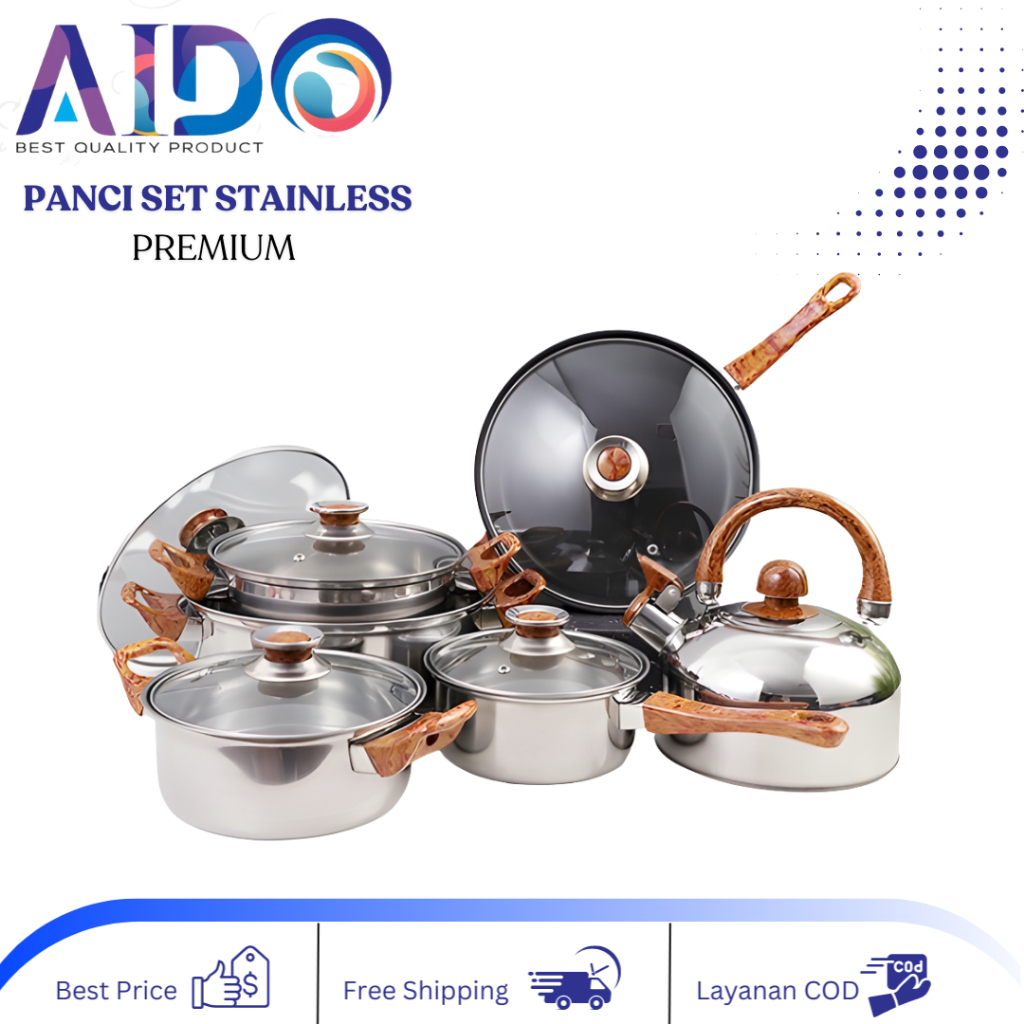 Panci Wajan Teko set 12pcs Stainless steel with tutup kaca merk Q2 PANCI SET SERBAGUNA