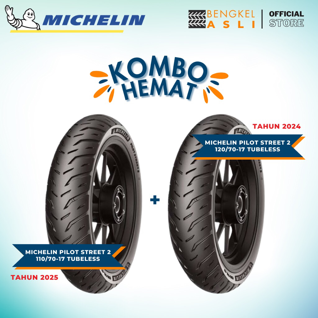 (KOMBO HEMAT 2 BAN TUBELESS) Ban Motor MICHELIN PILOT STREET 2 Ring 17 110/70-17 + Ban Motor MICHELI
