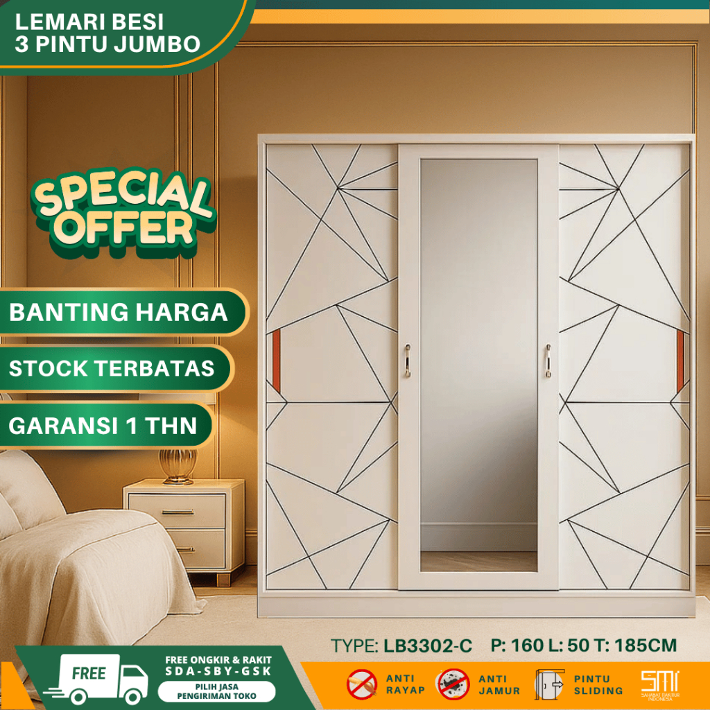 Lemari Besi 3 Pintu Jumbo - Lemari Baju Lemari Pakaian Sliding Lemari Besi Sliding 160cm Almari Baju