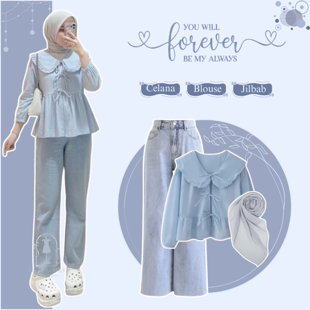 Setelan Blus, Celana Jeans, dan Jilbab Gaya Korea untuk Remaja Kasual