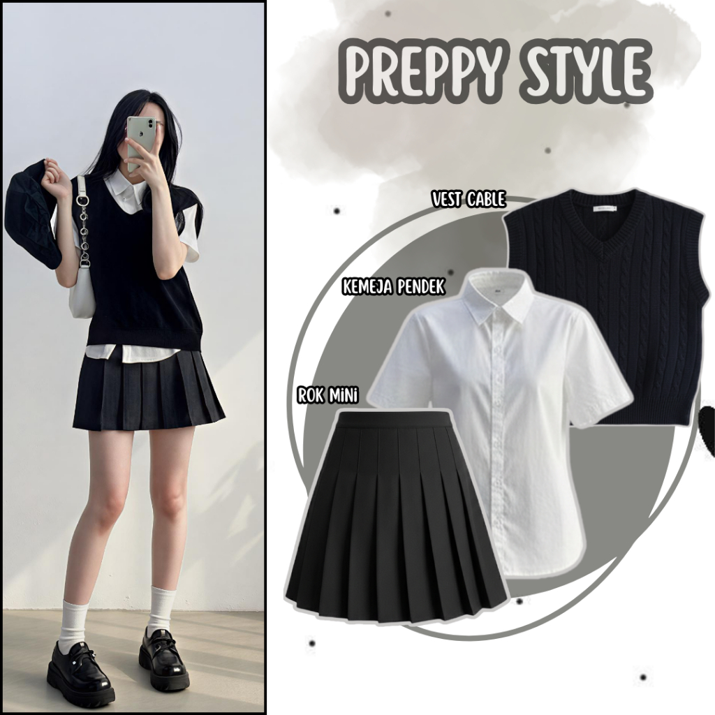 One Set Wanita Preppy Style | Vest Rajut Cable + Kemeja Putih + Rok Mini Outfit Korean Look Style