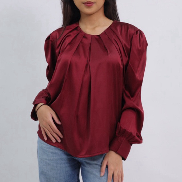 FREESIA - Blus Atasan Top Wanita Satin Baju Natal Merah Red Maroon White Black Formal Kerja