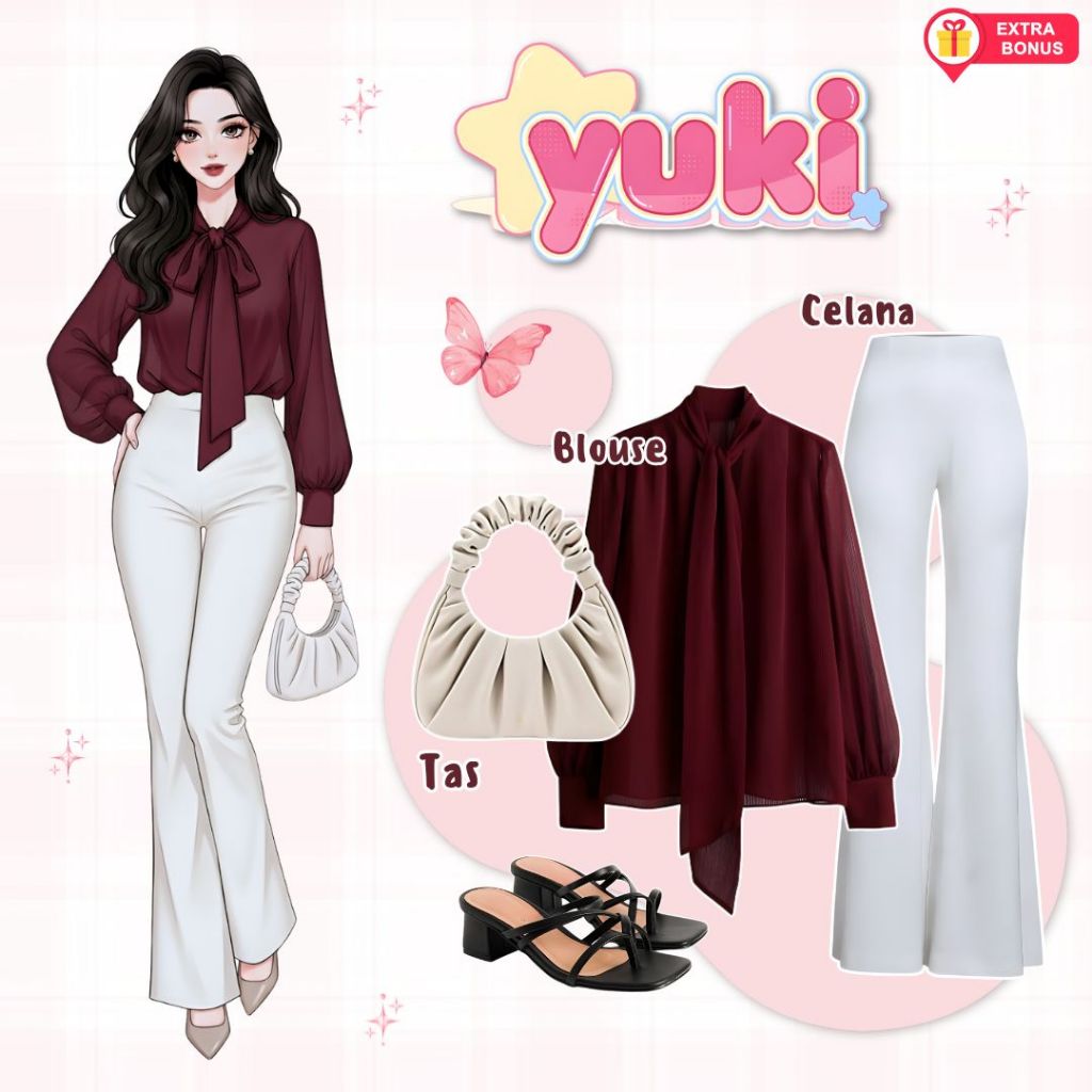 oneset 3in1 blouse + celana cutbray + tas shoulder bag | ootd outfit cewek wanita anak perempuan rem