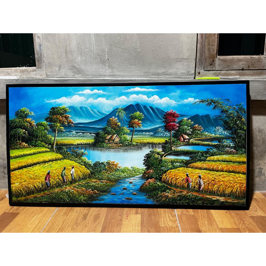 lukisan pemandangan alam gunung dan sawah hasil karya tangan bukan printing
