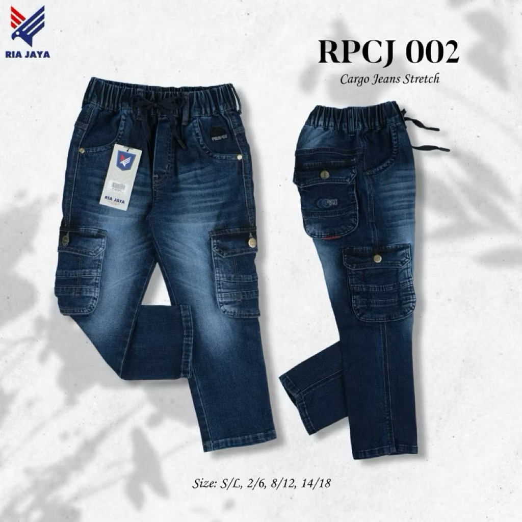 RIA JAYA | CELANA PANJANG JEANS KARGO | BAHAN JEANS STRETCH(BISA COD)