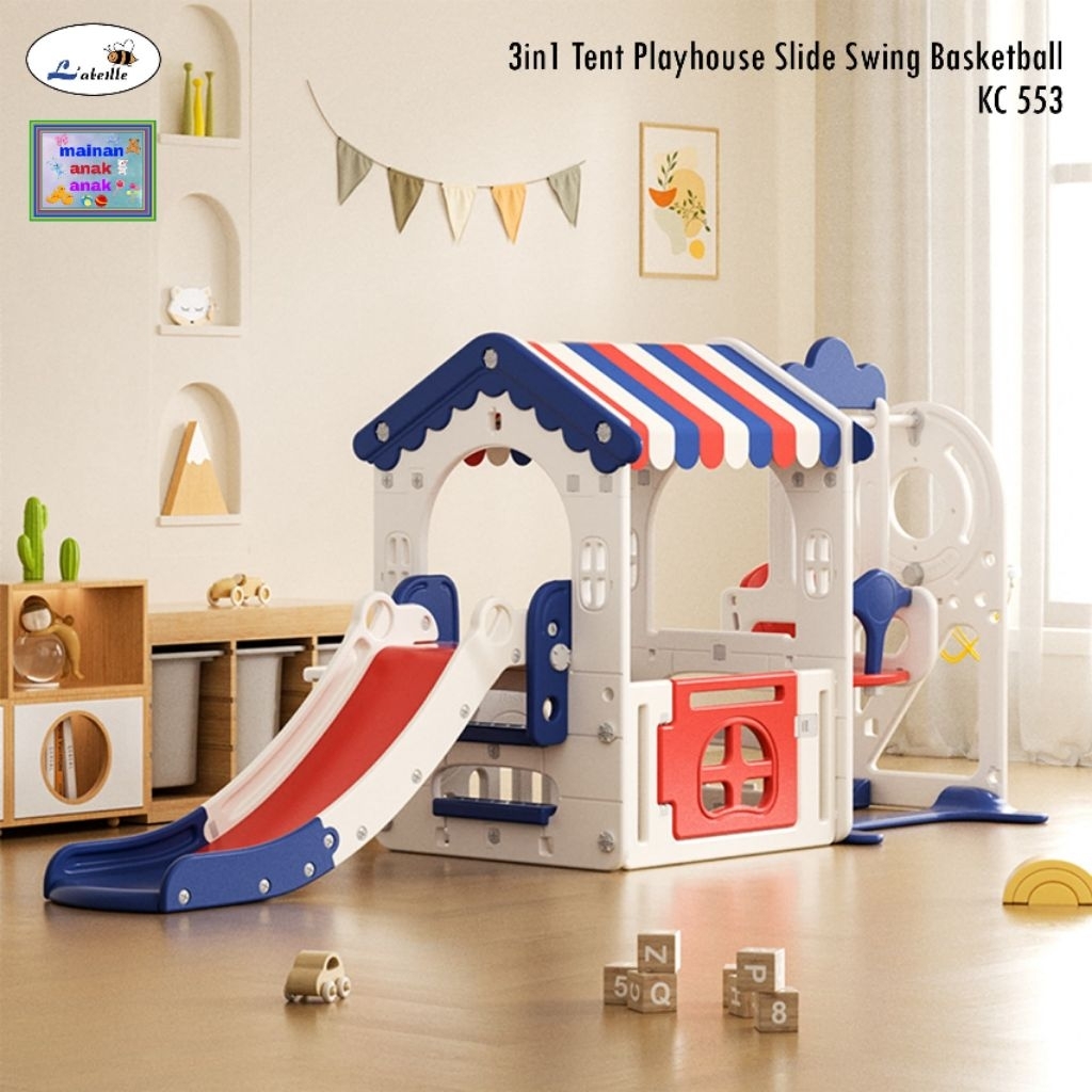 3 in 1 Tent Playhouse Slide Swing Basketball KC.553 Labeille