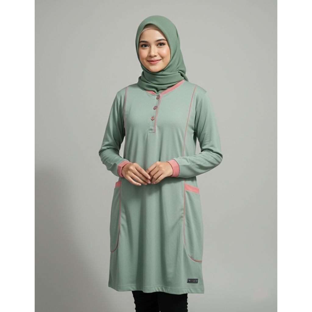 TUNIK KAOS WANITA KOMBINASI PLISIR 2 WARNA LENGAN PANJANG HIJAU WARDAH PINK MURAH