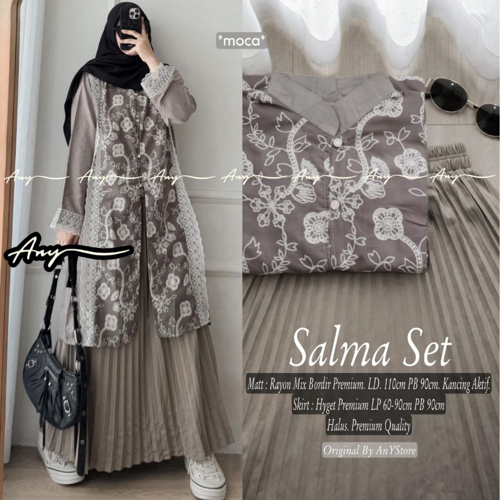 Salma Set ori ANY store setelan tunik dan rok plisket kekinian wanita