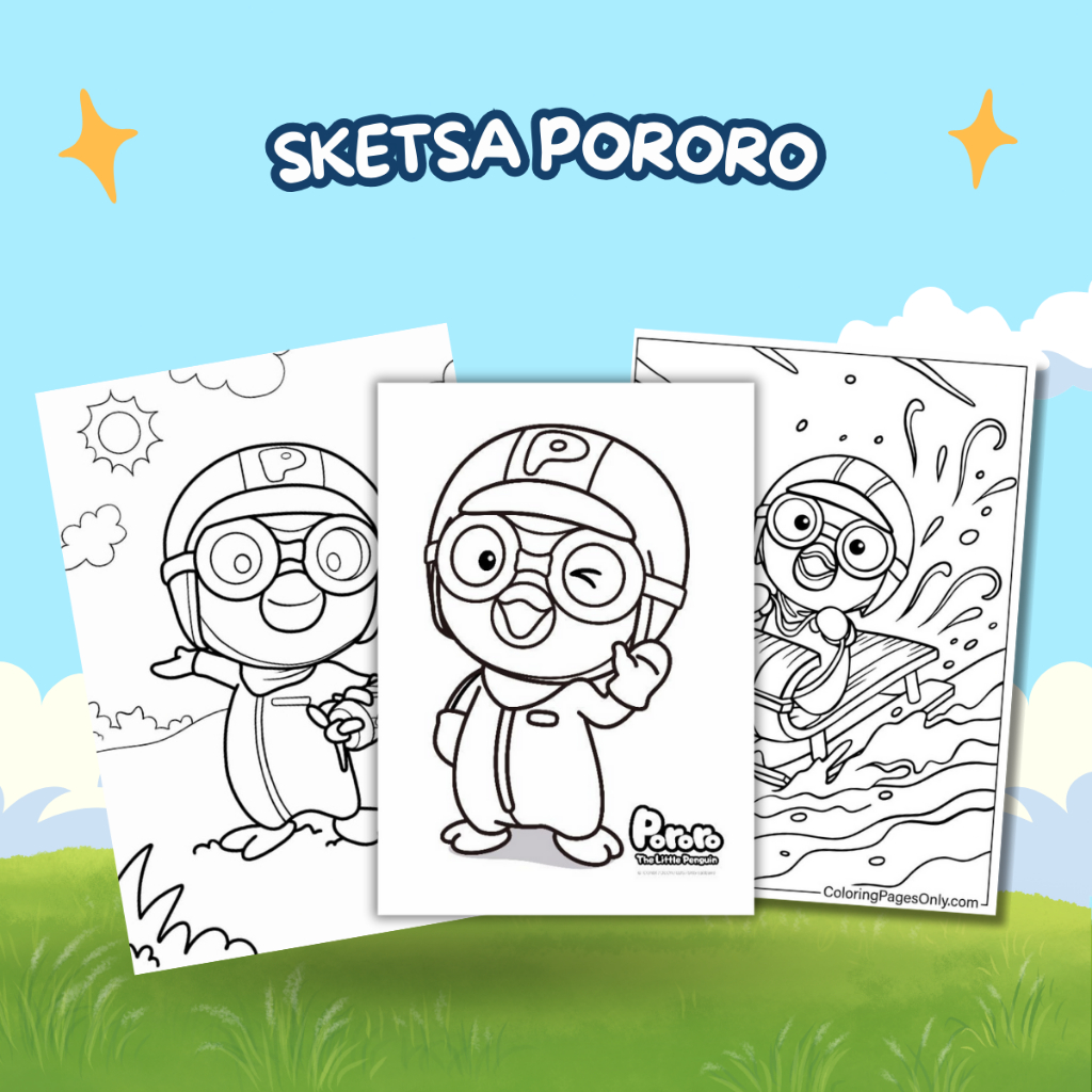 Sketsa Gambar Mewarnai Untuk Anak Paud dan TK Tema Pororo (Isi 20 Lembar)