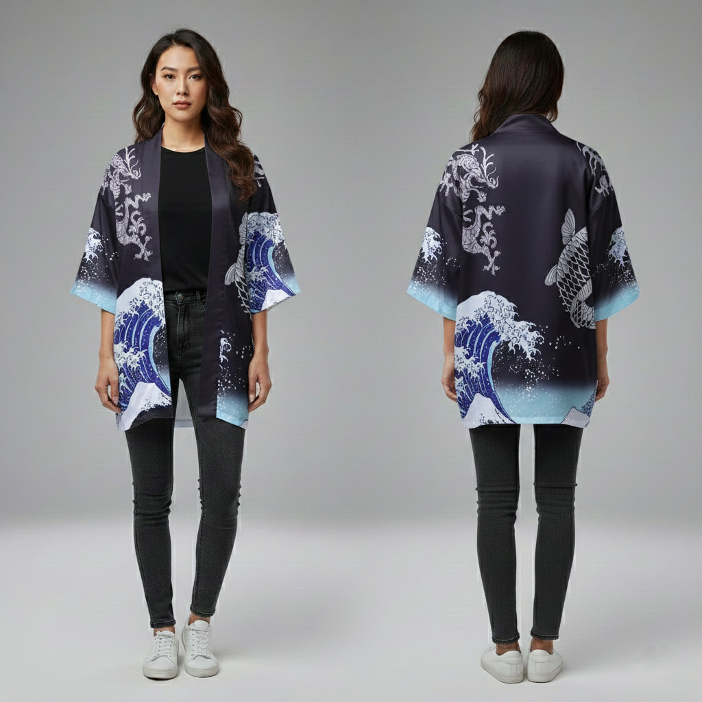 Kimono Haori Polyester Navy Wave Koi Dragon Japanese Premium